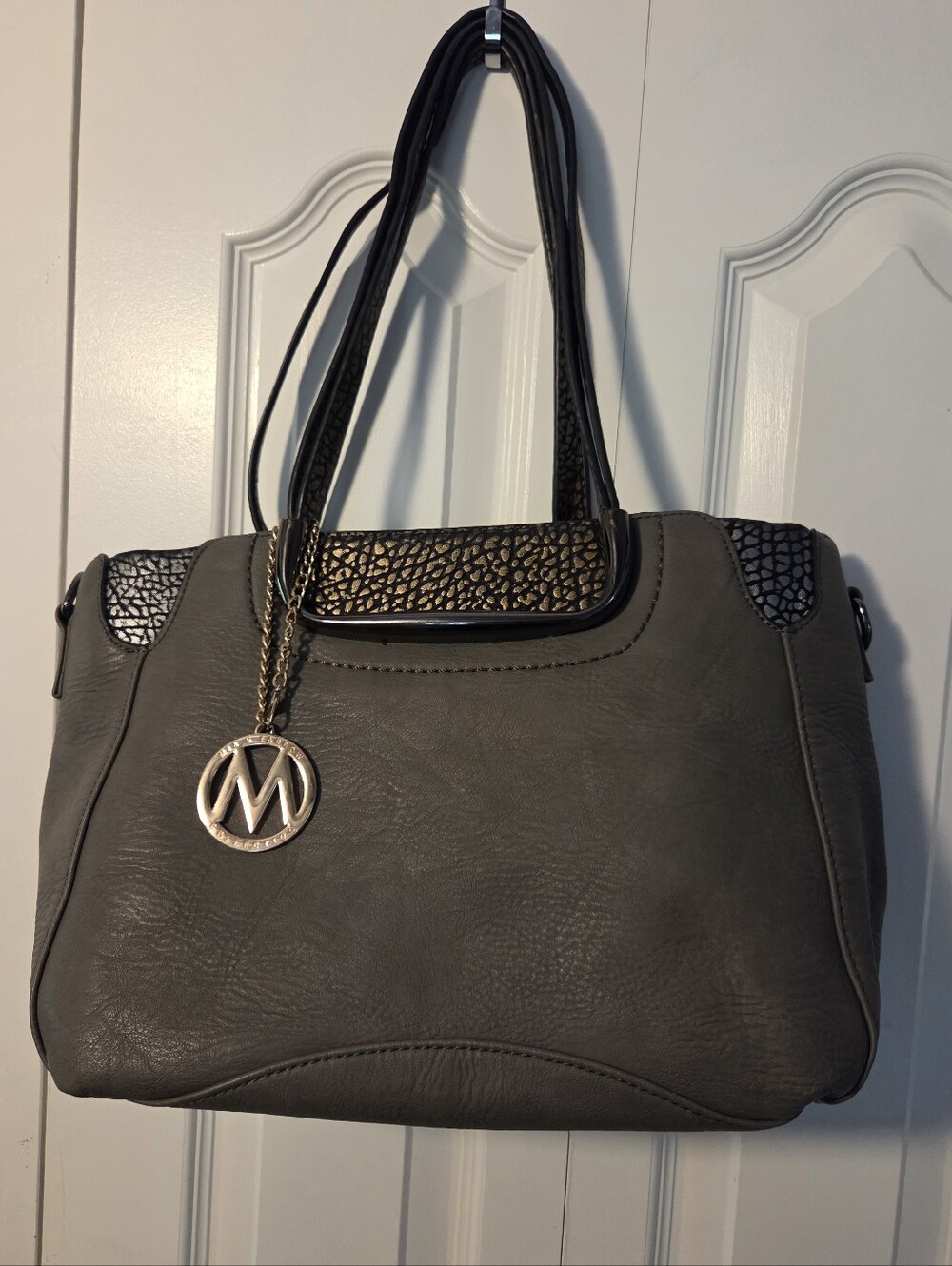 Mia Michael Kors Gray Shoulder Bag with Gold Logo Charm Vegan Leather